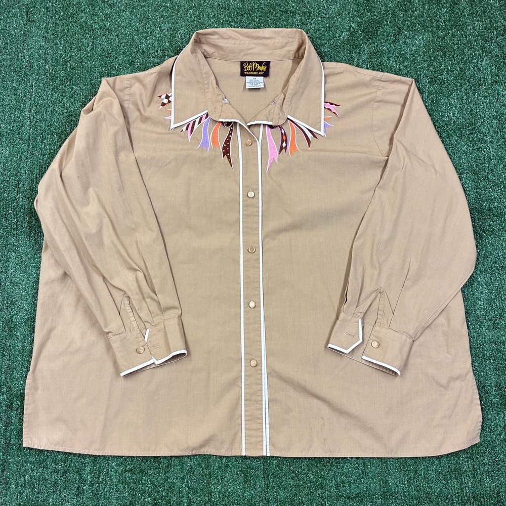 Vintage Bob Mackie Wearable Tan Embroidered Art T-shirt Button Up